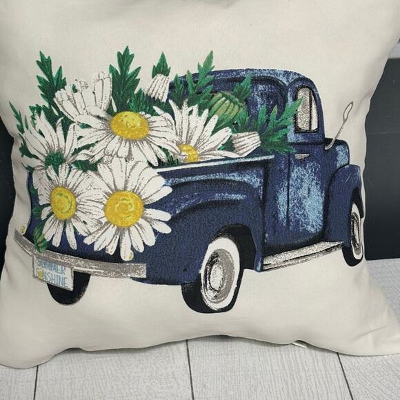 White Pillow with Blue Vintage Truck and Daisies - Picture 12 of 12